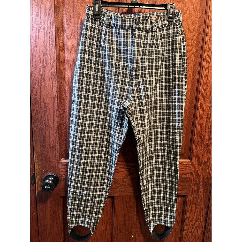 Vintage Memphis Plaid Stirrup Pants Black White Tapered High Waist USA 13/14P